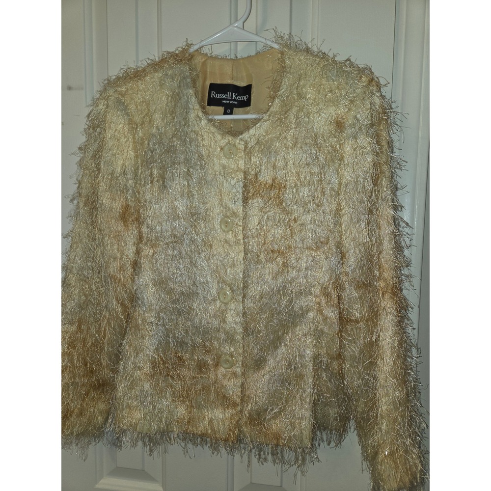 Vintage Russell Kemp New York Vintage Gold Eyelash Fringe Blazer Jacket Size 8